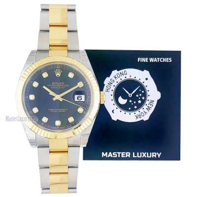 Datejust 41mm Black Diamond Dial Fluted Bezel Oyster Bracelet Stainless Steel and Yellow Gold