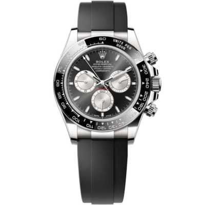 Cosmograph Daytona 40mm Black Dial with Steel Sub Dials Black Rubber Strap White Gold