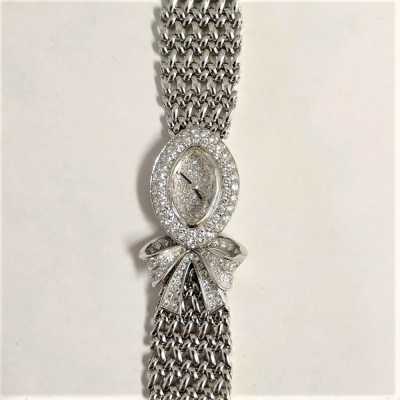 Vintage Ladies Watches Pave Diamond Dial Diamond Ribbon Bezel White Gold 
