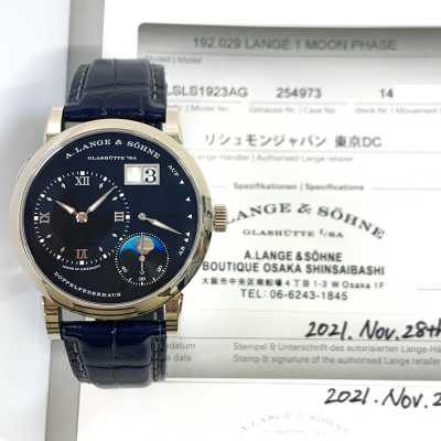 Lange 1 Moon Phase 38.5mm Blue Dial Blue Leather Strap White Gold