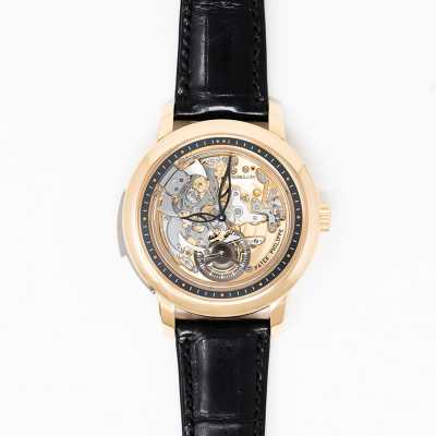 Grand Complications 42mm Manual Winding Skeleton Dial Black Leather Strap Rose Gold