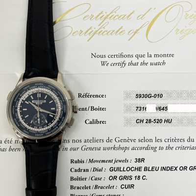 Complications 39.5mm World Time Chronograph Blue Dial Blue Leather White Gold