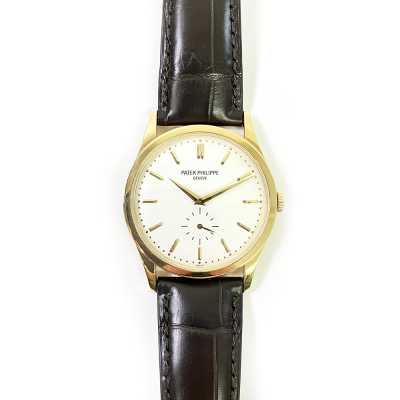 Calatrava 37mm Opaline White Dial Brown Leather Strap Yellow Gold