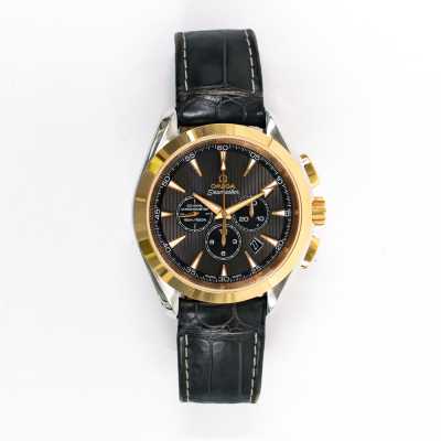 Omega 231.23.44.50.06.001 Seamaster Aqua Terra 44mm two-tone chronograph featuring black dial pre-owned luxury
