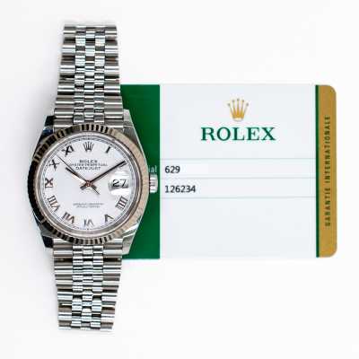 Rolex 126234 Datejust 36mm classic two-tone watch featuring white Roman dial and Jubilee bracelet pre-owned