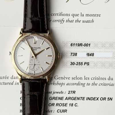 Patek Philippe 6119R-001 Calatrava manual wind rose gold watch with hobnail pattern dial pre-owned
