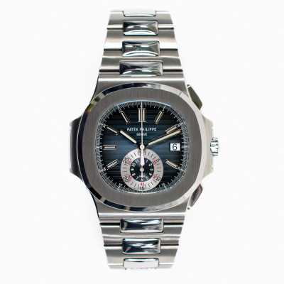 Patek 5980/1A-001 Nautilus 40mm steel blue chronograph flyback preowned collector timepiece