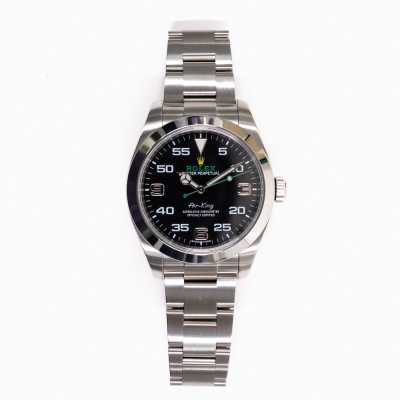 Rolex 40mm Air-King steel black dial Calibre 3131 aviation heritage green signature preowned