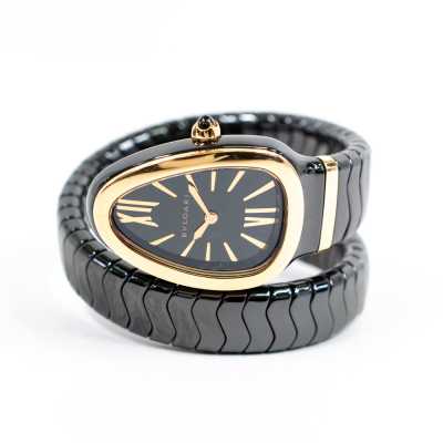 Bulgari Serpenti 102735 35mm black ceramic rose gold serpent bracelet quartz preowned