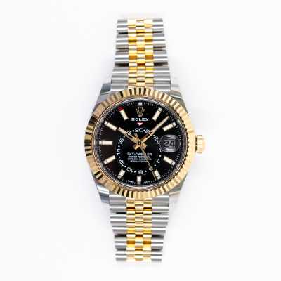 Rolex 326933 Sky-Dweller 42mm two-tone watch featuring black dial and Jubilee bracelet pre-owned