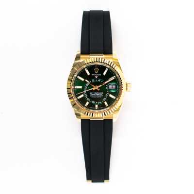 Rolex Sky-Dweller 336238 solid yellow gold watch with green dial and Oysterflex rubber strap pre-owned