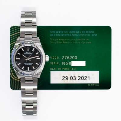 Rolex 276200 Oyster Perpetual 28mm steel ladies watch featuring black dial pre-owned luxury