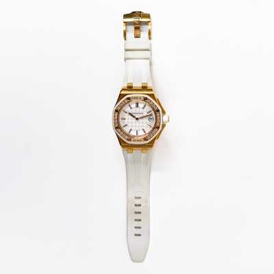 Audemars Piguet 37mm Royal Oak Offshore rose gold diamond bezel white dial ladies preowned