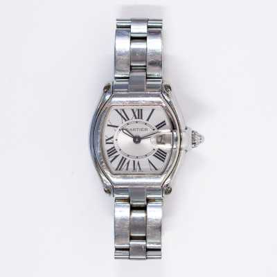 Cartier W62016V3 Roadster 36.5mm steel watch featuring silver Roman dial and integrated bracelet pre-owned luxury