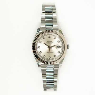 Rolex 116334 Datejust II 41mm two-tone watch featuring silver diamond dial and Oyster bracelet pre-owned