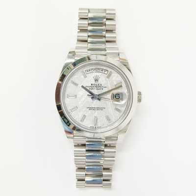 Rolex Day-Date reference 228206 solid platinum 40mm meteorite diamond dial ice blue preowned
