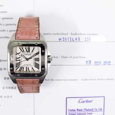 Cartier Santos 100 Steel Pink Strap Parisian Elegance Excellent Condition