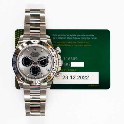 Rolex 116509 Daytona 40mm white gold racing chronograph featuring steel grey dial pre-owned luxury