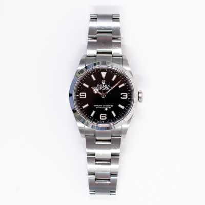 Rolex 124270 Explorer 36mm steel watch featuring black dial and Mercedes hands pre-owned luxury
