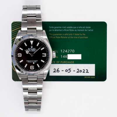 Rolex 124270 Explorer 36mm steel watch featuring black dial and Mercedes hands pre-owned luxury