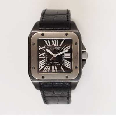 Cartier Santos 100 W2020010 38mm titanium ADLC black Roman Calibre 049 preowned