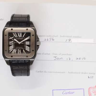 Cartier Santos 100 W2020010 38mm titanium ADLC black Roman Calibre 049 preowned