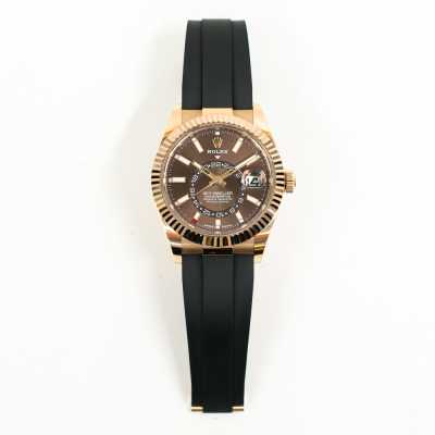 Rolex Sky-Dweller Rose Gold Chocolate Rubber Strap Dual Timezone Heritage Excellent Condition