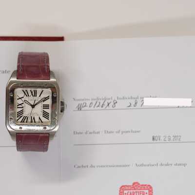 Cartier Santos 100 W20126X8 35.6mm steel silver Roman Calibre 049 leather preowned