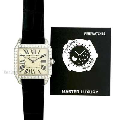 Santos Dumont 33mm Silver Roman Dial Diamond Bezel  White Gold 