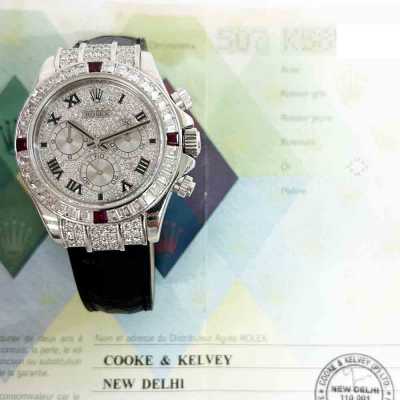 Cosmograph Daytona 40mm Diamond-Paved Dial Diamond Bezel Black Leather Strap White Gold