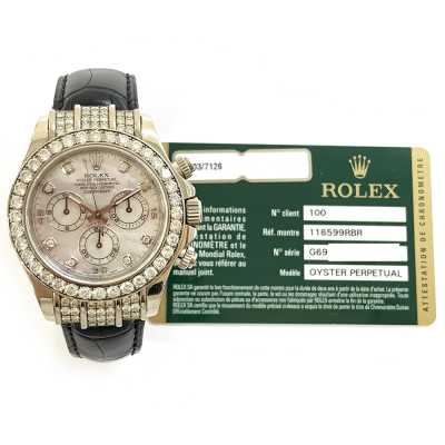 Cosmograph Daytona 40mm White Mother-of-Pearl Diamond Dial Diamond Bezel Black Leather Strap White Gold