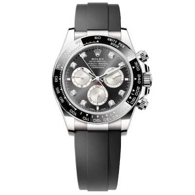Cosmograph Daytona 40mm Black Diamond Dial Black Rubber Strap White Gold
