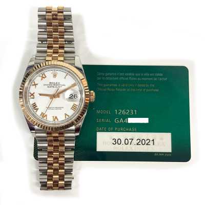 Datejust 36mm White Roman Dial Fluted Bezel Jubilee Bracelet Stainless Steel and Rose Gold
