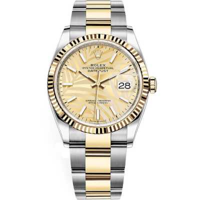 Datejust 36mm Champagne Palm Dial Fluted Bezel Oyster Bracelet Stainless Steel and Yellow Gold