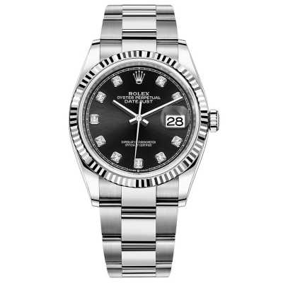 Datejust 36mm Black Diamond Dial Fluted White Gold Bezel Oyster Bracelet Stainless Steel