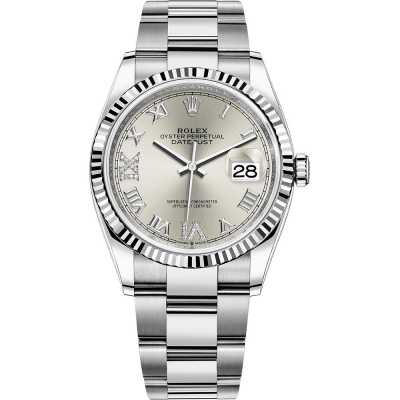 Datejust 36mm Silver VI IX Diamond Dial Fluted White Gold Bezel Oyster Bracelet Stainless Steel