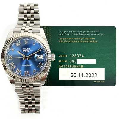 Datejust 41mm Blue Roman Dial Fluted White Gold Bezel Jubilee Bracelet Stainless Steel