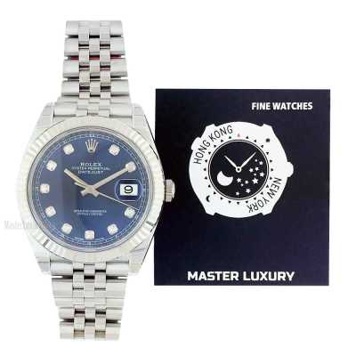 Datejust 41mm Blue Diamond Dial Fluted White Gold Bezel Jubilee Bracelet Stainless Steel