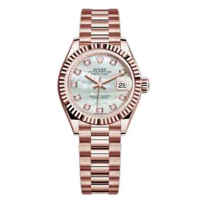 Datejust 28mm White Mother-of-Pearl Diamond Dial Fluted Bezel President Bracelet Rose Gold