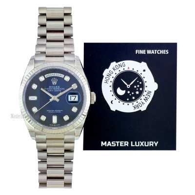 Day-Date 36mm Blue Diamond Dial Fluted Bezel President Bracelet White Gold