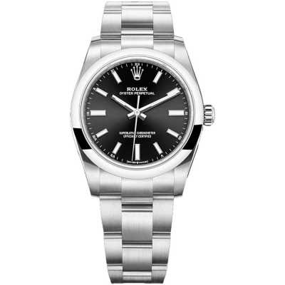 Oyster Perpetual 34mm Bright Black Dial Domed Bezel Oyster Bracelet Stainless Steel