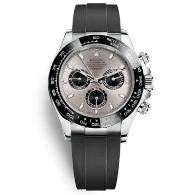 Cosmograph Daytona 40mm Steel Dial with Black Sub Dials Black Rubber Strap White Gold