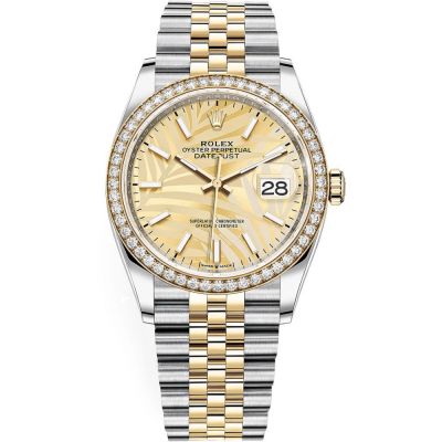 Datejust 36mm Champagne Palm Dial Diamond Bezel Jubilee Bracelet Stainless Steel and Yellow Gold