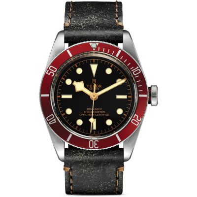 Black Bay 41mm Black Dial Red Bezel Brown Leather Strap Stainless Steel
