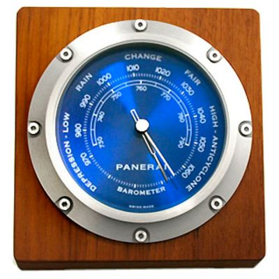 Desk Barometer Blue Dial Wood and Stainless Steel