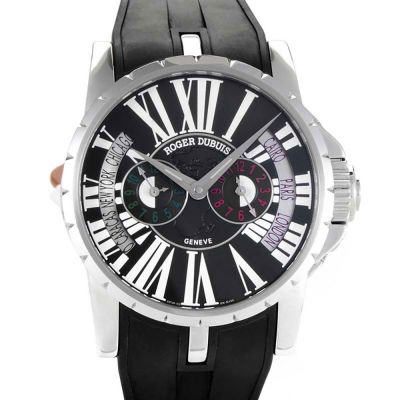 Excalibur 45mm Triple Time Zone Black Dial Stainless Steel