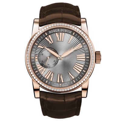 Hommage 42mm Silver Roman Dial Diamond Bezel Brown Leather Rose Gold 